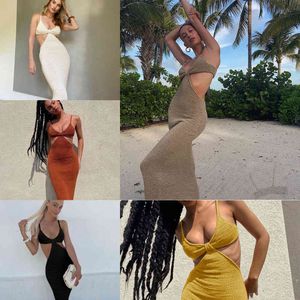 Boofeeaa wakacje Dzianiny Maxi Sukienki dla kobiet Lato 2021 Elegancka Sexy Party Cut Out Backless Bodycon Dress C69-BH27 X0705