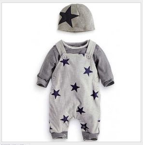 Conjunto Baby Boys Outono Três Peças Conjuntos de Roupas Infantil Manga Longa T-shirt listrada + Estrelas Impressão Suspender Macacões Calças + Chapéus Toddler Terno