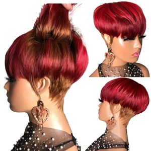 Ombre röd färg kort bob pixie klippt brasilianskt mänskligt hår peruk full maskin tillverkade icke -spetsar peruk med lugg för kvinnor