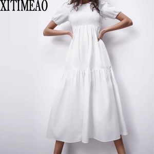 ZA Women White Dress Short Sleeve O Neck Tightness High Waist Skirt Female Holiday Swing Long XITIMEAO 210604