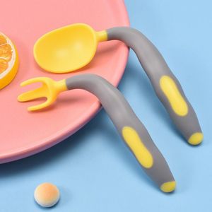 Children Tableware Baby Twist Spoon Fork Set 2Pcs Bent Silicone Feeding Spoon Kids Cutlery Cartoon Training Teether ZYC40