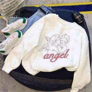 Tecknadryck Vinter Casual Kvinna Mode Punk Stor Storlek Lös Fun Angel Letter Ins Långärmad Vintage Sweatshirt 210805