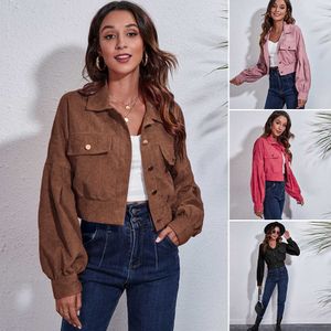 Klaffdetalj Drop Shoulder Corduroy Jacket Lantern Fall Long Sleeve Short Coat Women's Wear 220118