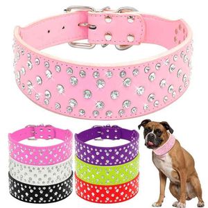 Moda Jeweled S Pet Dog Colares Sparkly Cristal Diamantes Culhados PU Colar de Couro para Cães Grandes Médio Pitbull 210729