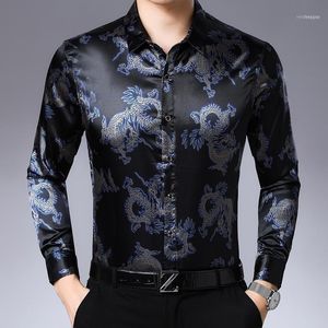 Heren Casual Shirts Dragon Printed Mens Satijn Royal Blue Lange Mouw Chinese stijl Kleding Social1