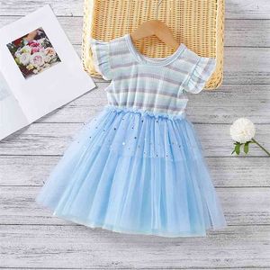 Vestido de verão para meninas garoto roupas festa malha costura listrada princesa cute crianças es 210528