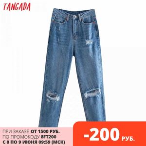 Тангада мода женщин парень стиль разорвал джинсы брюки длинные брюки карманы кнопки женские штаны 4m138 210609