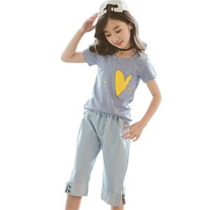 Teen Girls Clothing Striped Suit For Heart Tshirt + Denim Short Kids Clothes Summer Children's Costume 6 8 10 12 14 210527