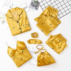 Yellow Satin Sleep Set Print Piżamy Garnitur Dla Kobiet Wiosna Jesień Nightwear Home Odzież Dorywczo Błękitna Bielizna Q0706