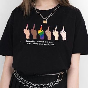 VIP HJN ludzkość powinna być wyścigiem, kochaj naszą religię w stylu dyskryminacji rasowej LGBT Middle Finger Printed T Shirt 210309