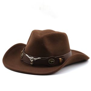 Kvinnor Män Hollow Western Cowboy Hat med Tauren Belt Vinter Höst Jazz Outback Jazz Toca Sombrero Cap Size 56-58cm 220217