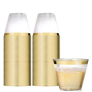 Disposable Cups Rietjes Gouden Plastic Cup Oz Hard Wine Glas Party Wedding Transparent met Gouden Rim