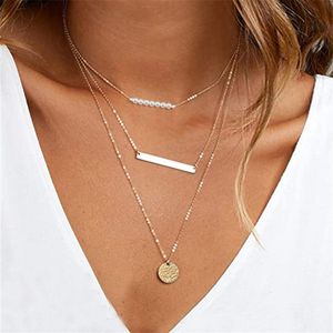 Fashion Simple Stainless Steel Multilayer Necklace Horizontal Pearl Metal Rod Coin Pendant Layered Necklaces Handmade Jewelry