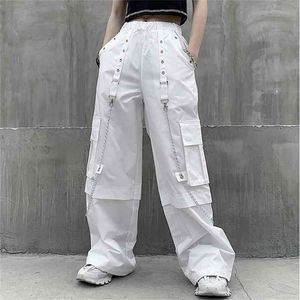 HOUZHOU Mall Goth White Cargo Pants Women Gothic Harajuku Hippie Streetwear Chain Punk Loose Baggy Oversize Korean Style 210915