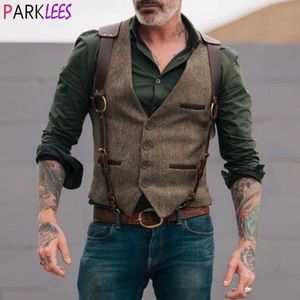 Mens Tweed Leather Suspenders Suit Vest Vintage Style Steampunk Cosplay Vests Waistcoat Mens Gentleman Wedding Gilet Homme 3XL 210522