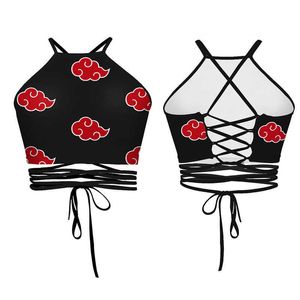 Anime Vest Tank Top Cosplay Röd moln Kostym Beskära Top Navel Bare Vest Stylish Ladies Lace-up Camisole Tops Y0622