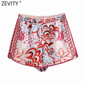 Zevity Women Fashion Floral Print Patchwork Summer Skirts Shorts Femme Chic Elastic Waist Ribbon Pantalone Cortos P1100 210719