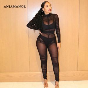 Dames Jumpsuits Rompertjes ANJAMANOR Sheer Mesh Black Sexy Clubwear Jumpsuit Dames One Piece Outfit Ruched Bodycon met lange mouwen D52-AE35