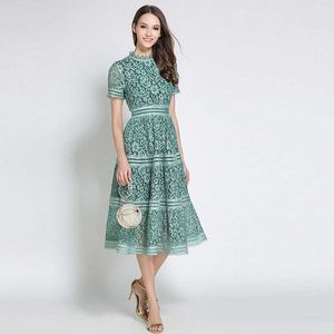 Summer Women High Quality Elegant Slim Hollow Out A-line Lace Midi Dress self portrait dress vestidos green white pink 210529