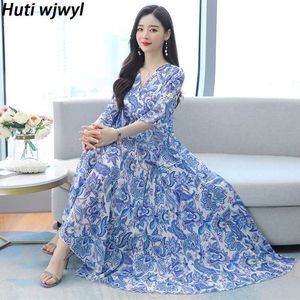 Plus Storlek Elegant Casual Midi Drspring Höst Kvinnor Bodycon Party Vestidos 2021 Vintage Print Chiffon Boho Beach Maxi Dress X0621