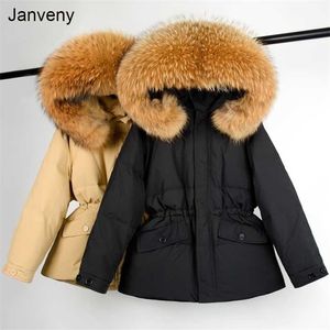 Janveny Vinter 90% Vit Duck Down Jacket Kvinnor Stor Real Raccoon Fur Collar Hooded Puffer Coat Kvinna Feather Parkas 211221