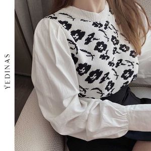 Yedinas Herbst Puff Sleeve Pullover Frauen Vintage Weibliche Jumper Koreanische Stil Süße Pullover Weiße Pullover Patchwork Tops 210527