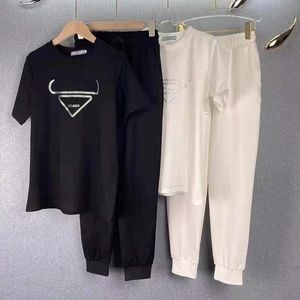 Womens Short Sleeve Tee Pants Fashion rhinestone logo Tracksuit Two Black and white Solid Sporting Casual suit Female 2 Piece Outfits