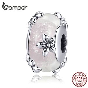 bamoer Vintage Flower Handmade Murano Beads for Women Origianl Silver Bracelet Glass Charm 925 Sterling Silver Jewelry SCC1302 Q0531