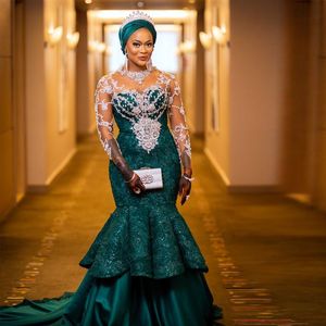 Arabski Kaftan 2021 Hunter Green Mermaid Suknie Wieczorowe Z Sheer Długie Rękawy Aplikacja Koronka Afryki Formalna okazja Party Suknia Prom Dress