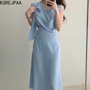 Korejpaa Kobiety Sukienka Sets Lato Korea Elegancka Kołnierz Kołnierz Wstążka Luźna Bez Rękawów Top + Wysoka talia Kieszonkowy Spódnica Karta 210526