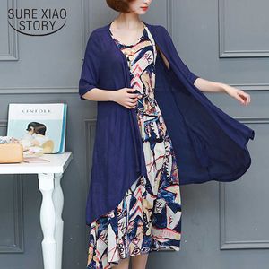 Casual Loose Tow Piece Cotton Line Dress Print O-Neck Plus Size Vestidos de Festa M-5XL Sommarklänning Kvinnor Klänning 3698 50 210528