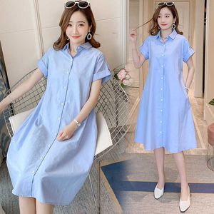 Maternity Clothes Dress Nursing Dresses Breastfeeding Summer Short Sleeve Lapel Maternity Gown Korean Pregnancy Clothes Q0713