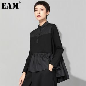 [EAM] Весна осенний воротник с длинным рукавом черный Свободные слабые плиссированные строчки Нерегулярная футболка женщины мода JQ016 210623