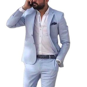 Sky Blue Linen Beach Men Suits 2021 Summer 2 Piece Slim Fit Groom Tuxedo for Wedding New Male Fashion Jacket with Pants X0909