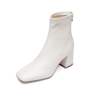 Botas curtas para mulheres quadrados dedo do pé espesso zíper zíper botas de tornozelo sapatos cor sólida casual senhoras calçados tamanho 34-39