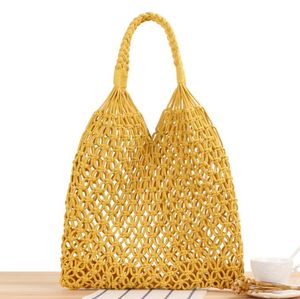 Portable Reusable Grocery Bags Handmade Fruit Vegetable Bag Washable Cotton Rope Mesh String Organizer Shopping Handbag Long Handle Net Tote