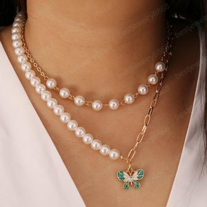 Women Butterfly Necklace Pendant Fashion Clavicle Chain Choker Multilayer Pearls Necklaces Simple Double Layer Jewelry Gift