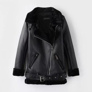 Frauen Pelz Faux Retro Revers Samt Gepolsterte Mantel Warme Mode PU Leder Motorrad Kleidung Bomber Jacke Winter Casual Dicke wildleder Mäntel