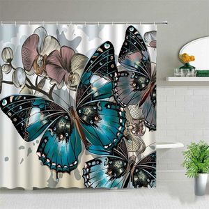 Fjäril med blommor serie utskrift dusch gardin set vacker afrikansk tjej vattentät hem badrum dekor hängande gardiner 211116
