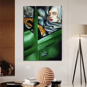 ingrosso Super Arte-Dipinti Tamara de Lempicka Autoportrait Sexy donna Autoritratto in Verde Super Car Poster Pittura su tela camera da letto decorazioni murali