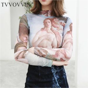 Kore Kadın Seksi Tee Üstleri Baskı Elastik Örgü Üst Boyama Uzun Kollu Kadın Gömlek Vintage Bluz Blusas Dövme Giysileri Q549 210225