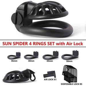 NXY Chastity Device Ny 3D-utskrift Man Sun Spider 4 Ringar med Luftlås Penis Trainer Cock Cage BDSM Belt Sex Toys Men1221