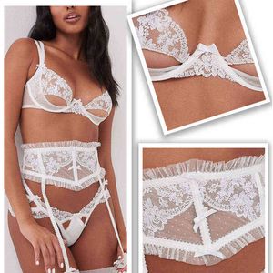 Nxy Sexy SetTransparent Underwear Set Mulheres Sexy Lace Bordado Push Up Bra Ver através de Lingerie Casamento Branco Bra + Garters + Tanga 3 Pcs 1127