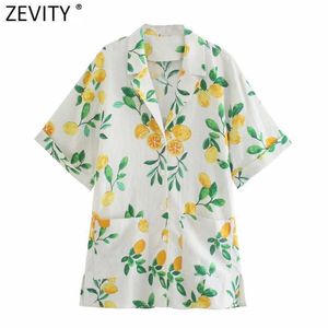 Zevity Women Tropical Leaves Fruit Print Mini Shirt Klänning Kvinna Chic Kortärmad Ficka Loose Kimono Vestido DS8380 210603