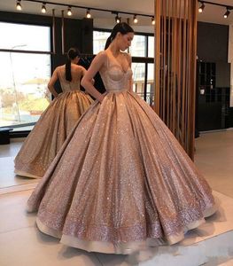 Sparkly Rose Gold Sequins Ball Gown Prom Klänningar Spaghetti Straps Long Quinceanera Klänning 2021 Plus Storlek Backless Evening Party Gowns