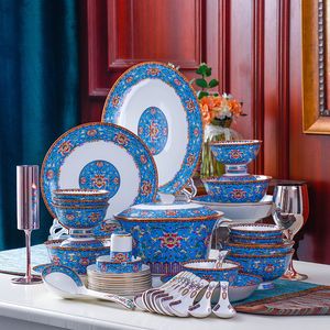 Partihandel Luxury Bone China Dinnerware Sätter 60 st Kinesiska Blå Klassisk Emalj Middag Set Tallrikar Rätter Pottskål Sked