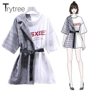 Trytree Dress Summer Dress Asymmetry Women Plaid Patchwork T-Shirt Abiti O-Collo Abiti sopra il ginocchio Singolo Abito casual in bianco e nero T200416