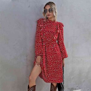 Moda Ruffles Heart Dot Dres Dress Kobiety Elegancki Pełny Rękaw Wysokowy Talii Damska Wiosna Jesień Długa Dress Red 210915