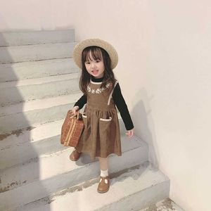 Kids Girls Sleeveless Vest Suede Dress Children Embroidery Ins Fashion Toddler Clothing with Pocket Lovely Outfit 210529