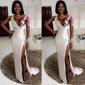 Sexy African Black Girls Mermaid Prom Party Dresses Sheer One Sleeve Appliques Lace Flowers Side High Split Long Pageant Dress Special Occasion Gowns